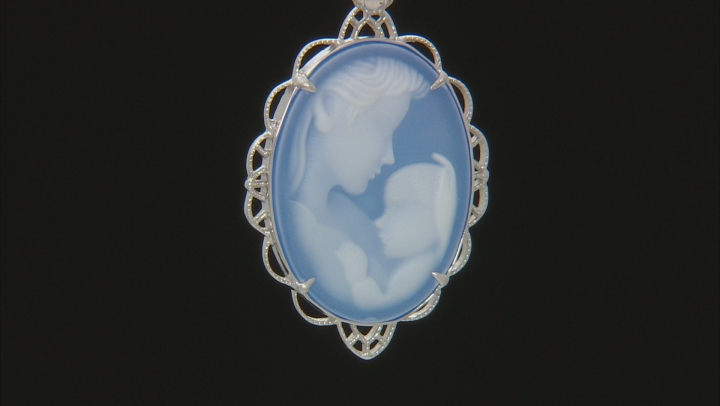 Blue agate mother and child cameo rhodium over silver pendant with chain Video Thumbnail