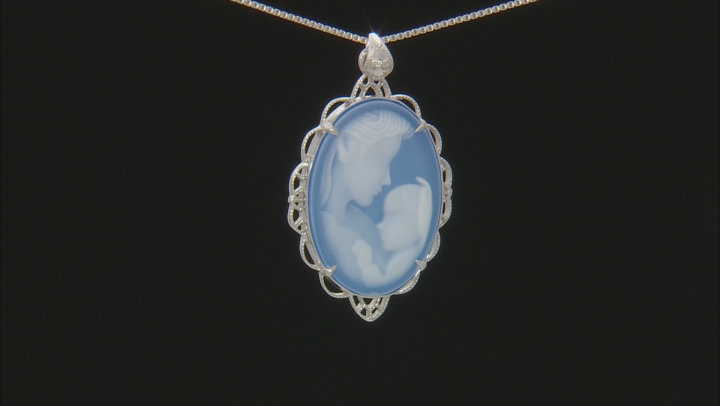 Blue agate mother and child cameo rhodium over silver pendant with chain