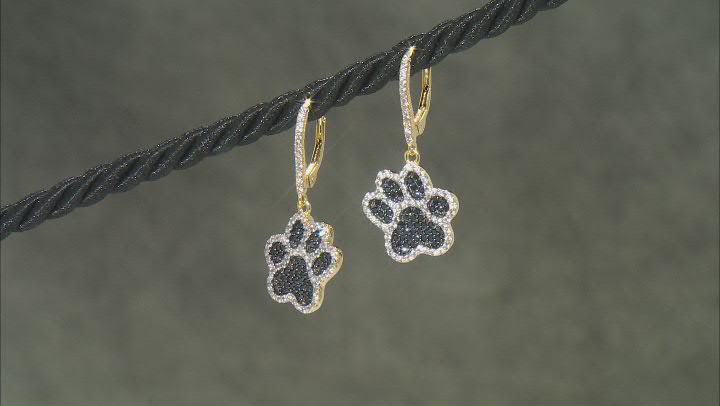 Black spinel 18k yellow gold over silver paw-print earrings 2.42ctw Video Thumbnail