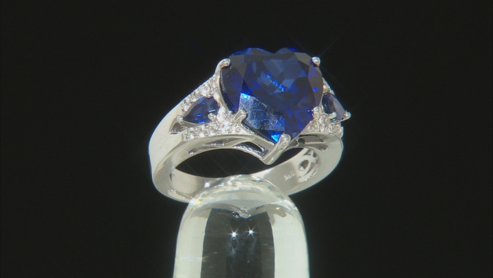 Blue lab created sapphire rhodium over silver ring 5.28ctw