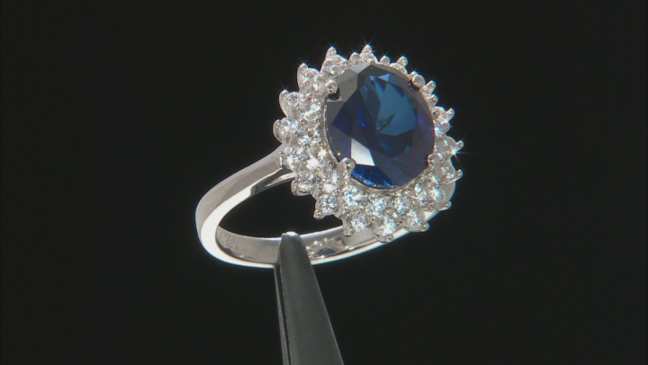 Blue lab created sapphire rhodium over silver ring 4.77ctw Video Thumbnail