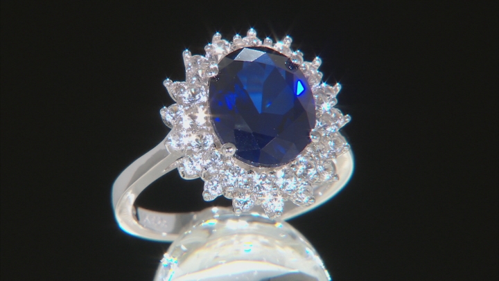 Blue lab created sapphire rhodium over silver ring 4.77ctw Video Thumbnail