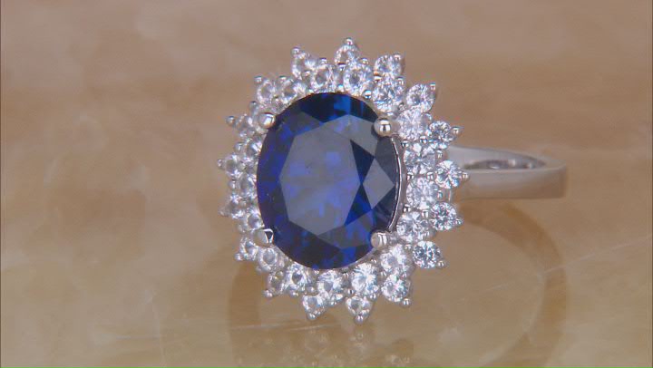 Blue lab created sapphire rhodium over silver ring 4.77ctw Video Thumbnail