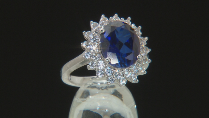 Blue lab created sapphire rhodium over silver ring 4.77ctw Video Thumbnail