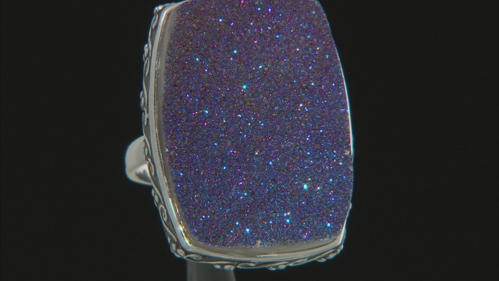 Peacock Color Drusy Quartz Rhodium Over Sterling Silver Ring Video Thumbnail