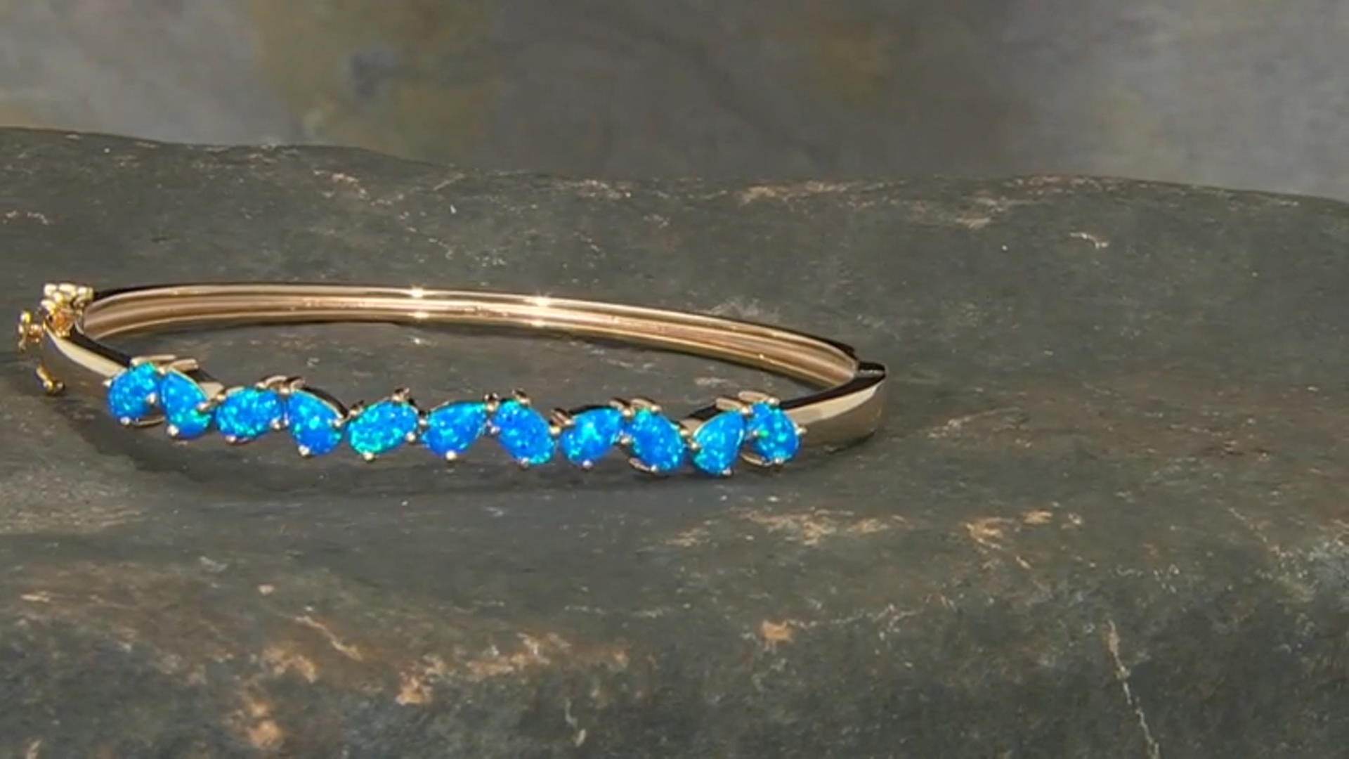 Blue Lab Created Opal 18K Yellow Gold Over Silver Bangle Video Thumbnail