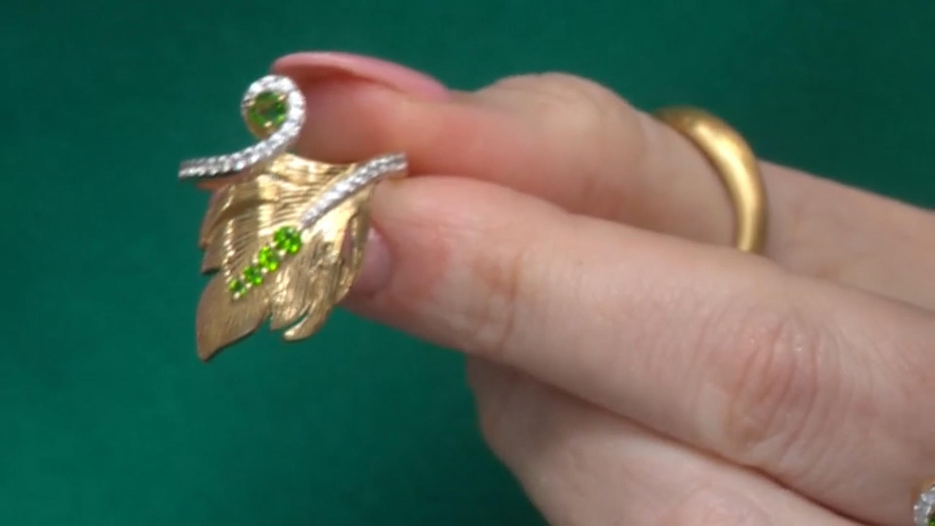 Chrome Diopside & White Zircon 18K Yellow Gold Over Silver Feather Ring 0.52ctw Video Thumbnail