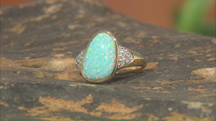 Green Lab Created Opal & White Zircon 18K Yellow Gold Over Silver Ring 0.23ctw Video Thumbnail