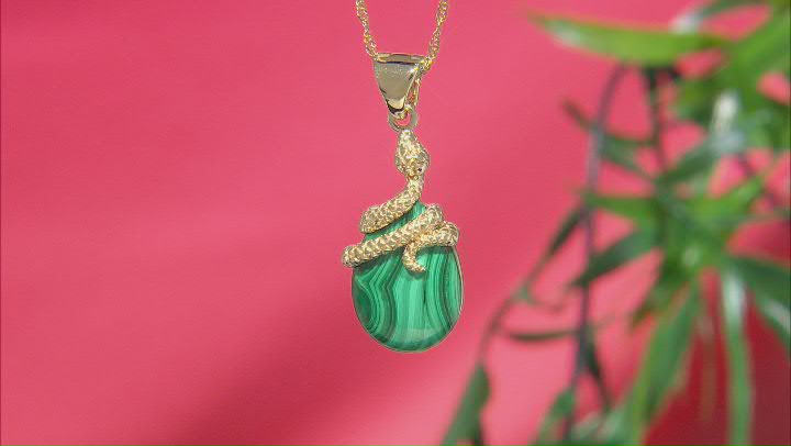 Malachite 18k Yellow Gold Over Sterling Silver Snake Enhancer With 18" Chain Video Thumbnail