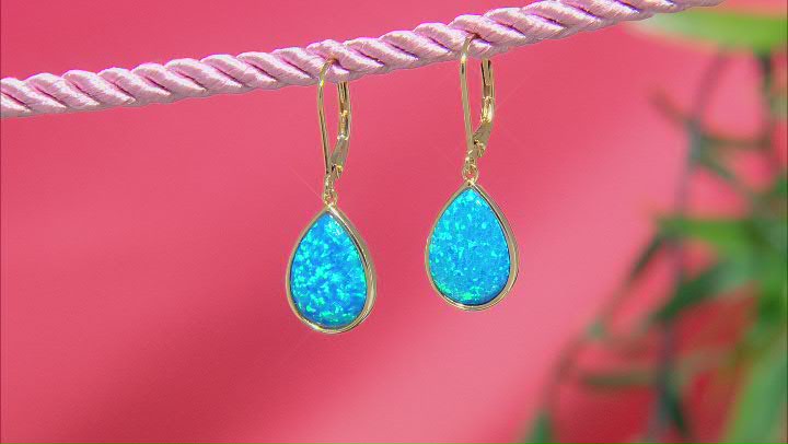 Blue Lab Created Opal 18k Yellow Gold Over Sterling Silver Earrings Video Thumbnail