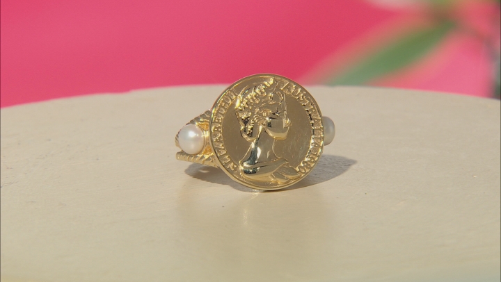 Coin Replica With Cultured Freshwater Pearl 18k Yellow Gold Over Sterling Silver Ring Video Thumbnail