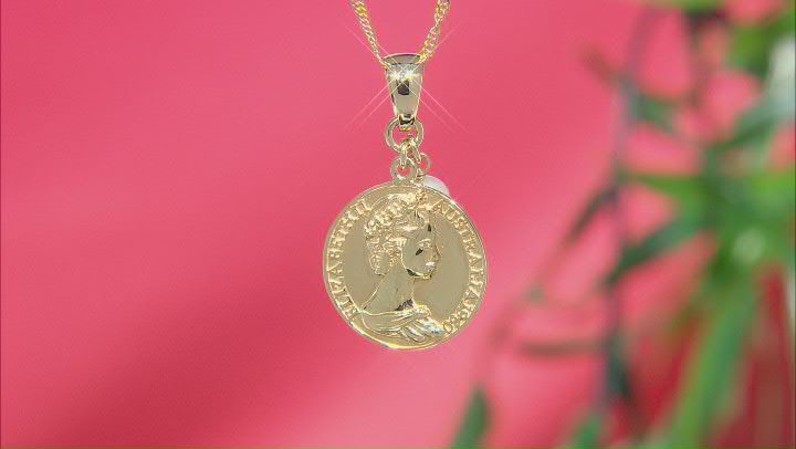 Coin Replica With Cultured Freshwater Pearl 18k Gold Over Sterling Silver Pendant With Chain Video Thumbnail