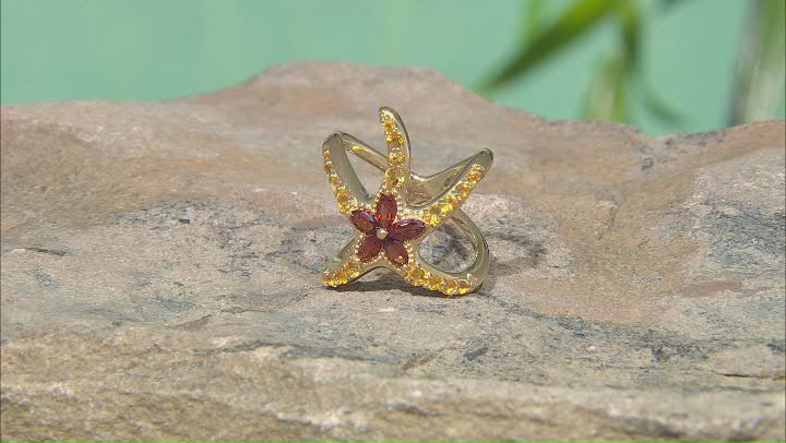 Red Garnet and Citrine 18k Yellow Gold Over Sterling Silver Sea Star Ring 1.39ctw Video Thumbnail