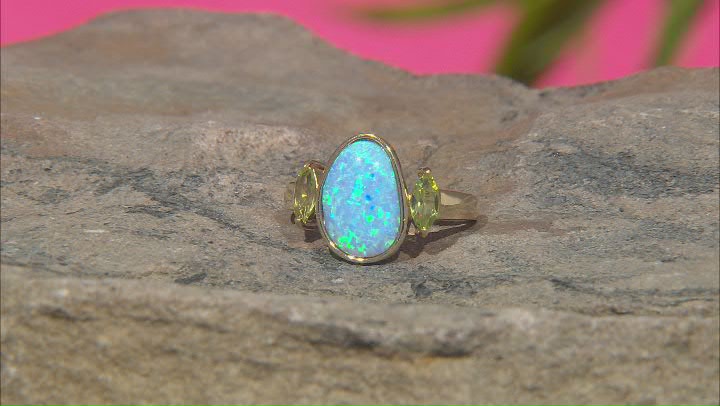 Blue Lab Created Opal and Peridot 18k Yellow Gold Over Sterling Silver Ring 0.52ctw Video Thumbnail
