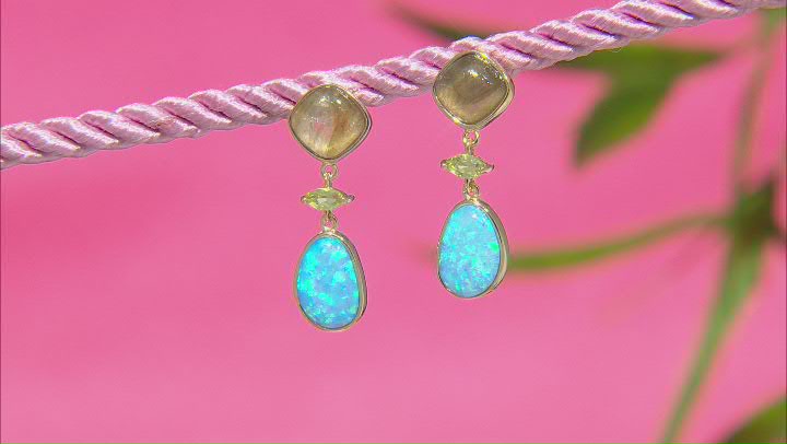 Lab Blue Opal, Gray Labradorite and Peridot 18k Yellow Gold Over Sterling Silver Earrings 0.30ctw Video Thumbnail