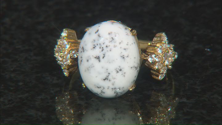 Dendritic Opal and White Zircon 18k Yellow Gold Over Silver Ring .48tcw Video Thumbnail