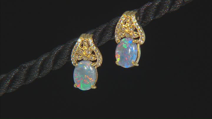 Australian Opal Triplet & White Zircon 18k Yellow Gold Over Brass Stud Earrings 0.2 Video Thumbnail