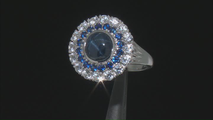 Blue Star Sapphire Rhodium Over Sterling Silver Ring 4.34ctw Video Thumbnail