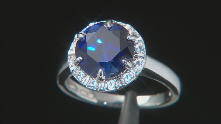 Blue Lab Created Sapphire Rhodium Over Sterling Silver Ring 4.20ctw Video Thumbnail
