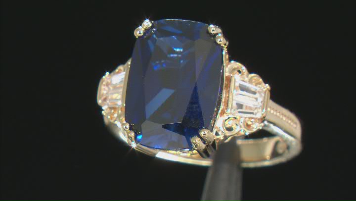 Blue Lab Created Blue Sapphire 18K Yellow Gold Over Sterling Silver Ring 7.74ctw Video Thumbnail
