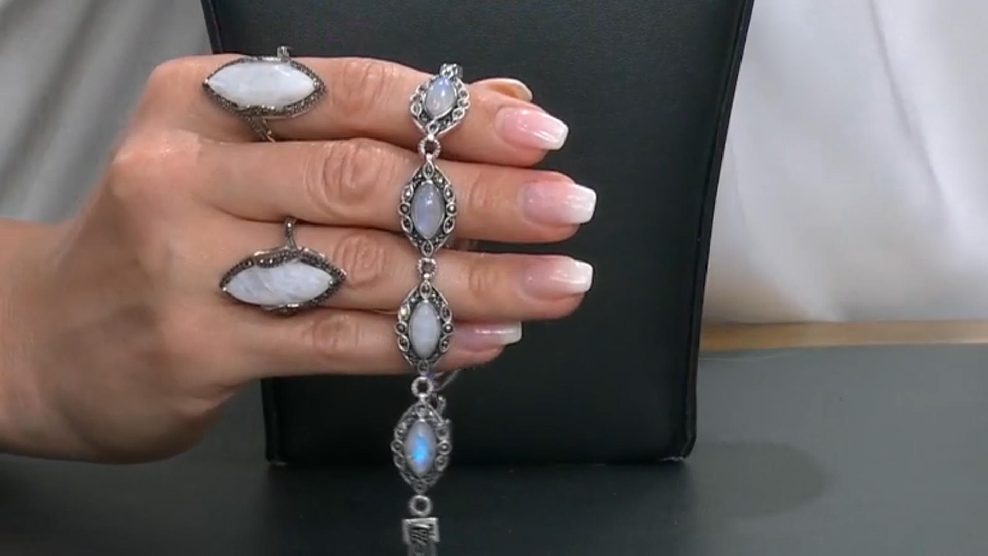 Rainbow Moonstone With Round Marcasite Rhodium Over Sterling Silver Bracelet 12x6mm Video Thumbnail