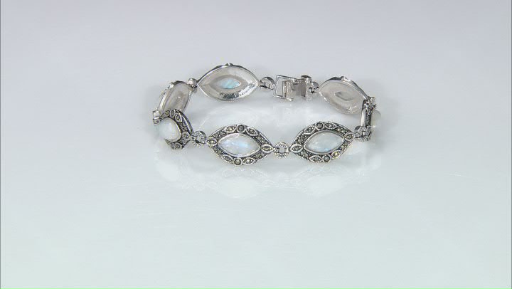 Rainbow Moonstone With Round Marcasite Rhodium Over Sterling Silver Bracelet 12x6mm Video Thumbnail