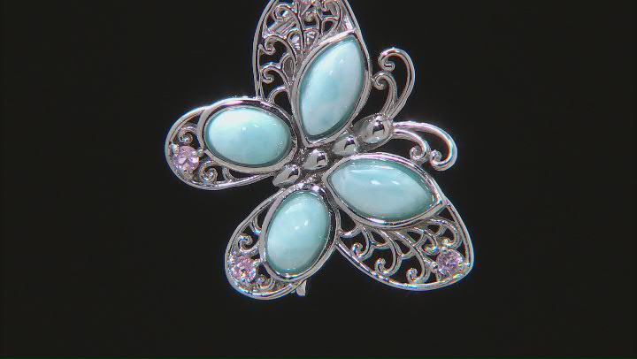 Blue Larimar Sterling Silver Butterfly Brooch Pendant With Chain 0.15ctw Video Thumbnail
