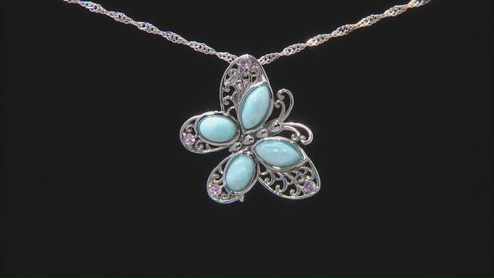 Blue Larimar Sterling Silver Butterfly Brooch Pendant With Chain 0.15ctw Video Thumbnail
