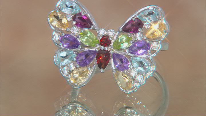 Multi-Color Multi Stone Butterfly Rhodium Over Sterling Silver Ring 3.38ctw Video Thumbnail