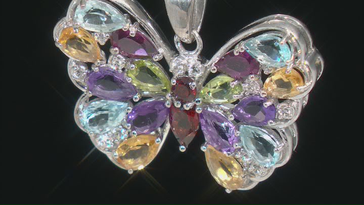 Multi-Color Multi Stone Rhodium Over Sterling Silver Butterfly Pendant With Chain 3.39ctw Video Thumbnail