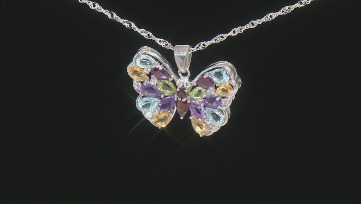 Multi-Color Multi Stone Rhodium Over Sterling Silver Butterfly Pendant With Chain 3.39ctw Video Thumbnail