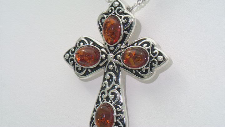 Orange Amber Rhodium Over Sterling Silver Cross Pendant With Chain 4x5mm Video Thumbnail