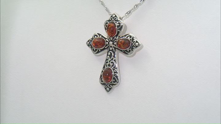 Orange Amber Rhodium Over Sterling Silver Cross Pendant With Chain 4x5mm Video Thumbnail