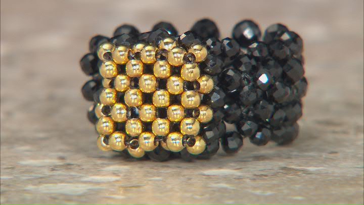 Black Spinel 18K Yellow Gold Over Sterling Silver Strechable Beaded Ring 2.2-2.5mm Video Thumbnail
