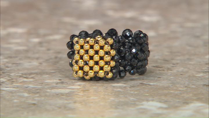 Black Spinel 18K Yellow Gold Over Sterling Silver Strechable Beaded Ring 2.2-2.5mm Video Thumbnail