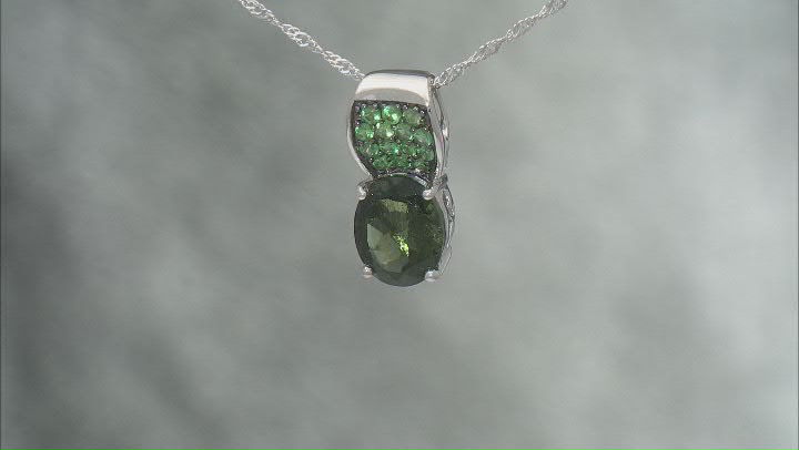 Green Moldavite Rhodium Over Sterling Silver Pendant With Chain 3.40ctw Video Thumbnail