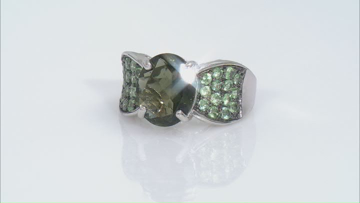 Green Moldavite Rhodium Over Sterling Silver Ring 3.80ctw Video Thumbnail