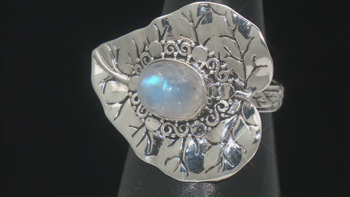 8x10mm Rainbow Moonstone Sterling Silver Leaf Ring Video Thumbnail