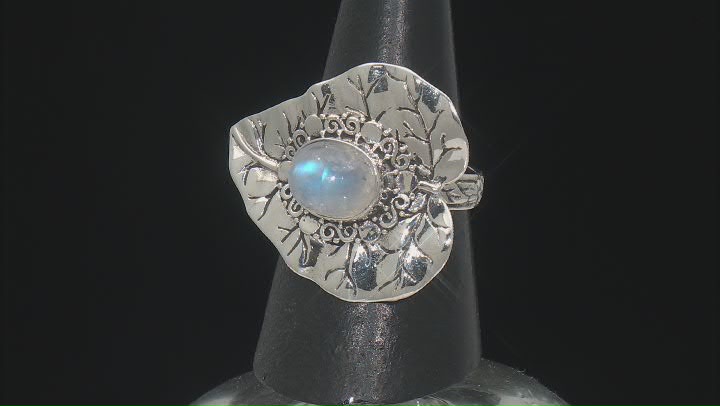 8x10mm Rainbow Moonstone Sterling Silver Leaf Ring Video Thumbnail