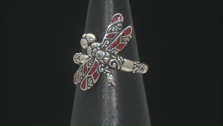 Red Coral Sterling Silver Inlay Dragonfly Ring Video Thumbnail