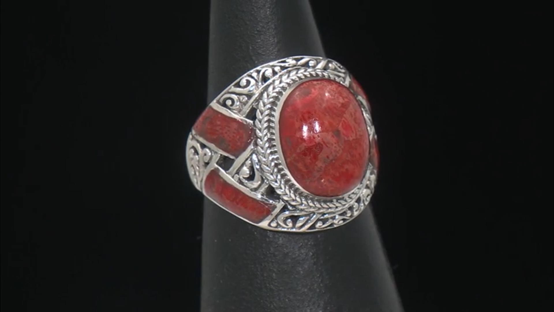 14x11mm Red Coral Sterling Silver Textured Inlay Ring Video Thumbnail
