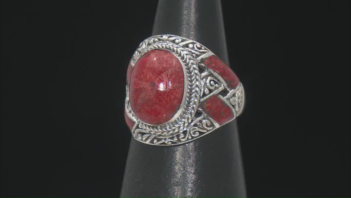 14x11mm Red Coral Sterling Silver Textured Inlay Ring Video Thumbnail