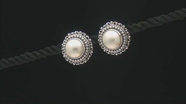 9.5-10.5mm White Cultured Mabe Pearl Sterling Silver Round Beaded Stud Earrings Video Thumbnail