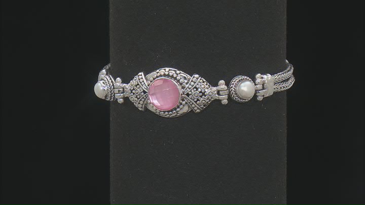 10mm Pink Mother-Of-Pearl Quartz Doublet & Cultured Freshwater Pearl Sterling Silver Bracelet Video Thumbnail