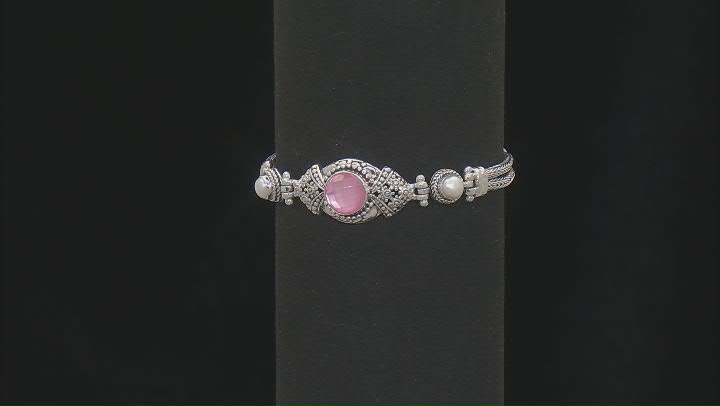 10mm Pink Mother-Of-Pearl Quartz Doublet & Cultured Freshwater Pearl Sterling Silver Bracelet Video Thumbnail