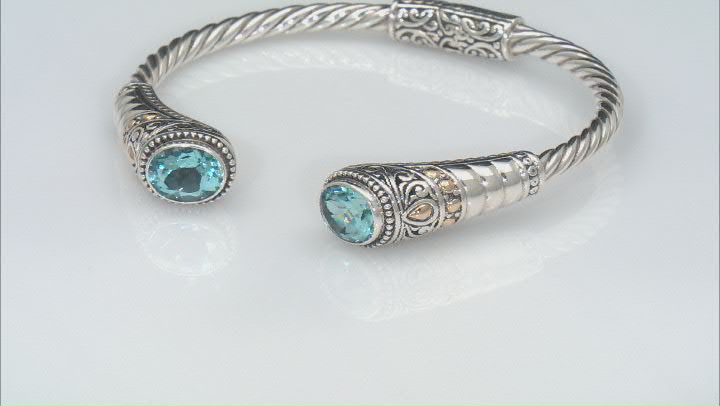Blue Topaz Sterling Silver With 18K Yellow Gold Accent Cable Cuff Bracelet 4.90ctw Video Thumbnail