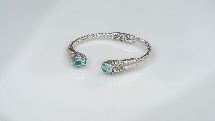 Blue Topaz Sterling Silver With 18K Yellow Gold Accent Cable Cuff Bracelet 4.90ctw Video Thumbnail