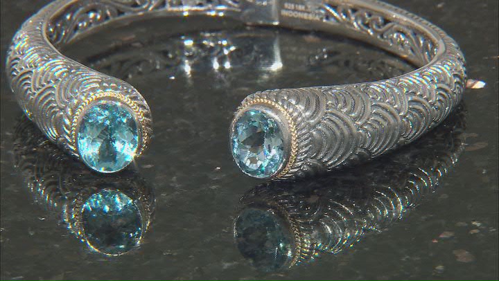 Sky Blue Topaz Sterling Silver With 18K Yellow Gold Accent Cuff Bracelet 7.20ctw Video Thumbnail