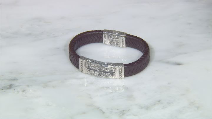 Men's Brown Leather With Sterling Silver Cross Bracelet Video Thumbnail