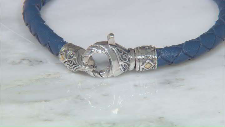 Men's Blue Leather With Sterling Silver & 18K Yellow Gold Accent Bracelet Video Thumbnail